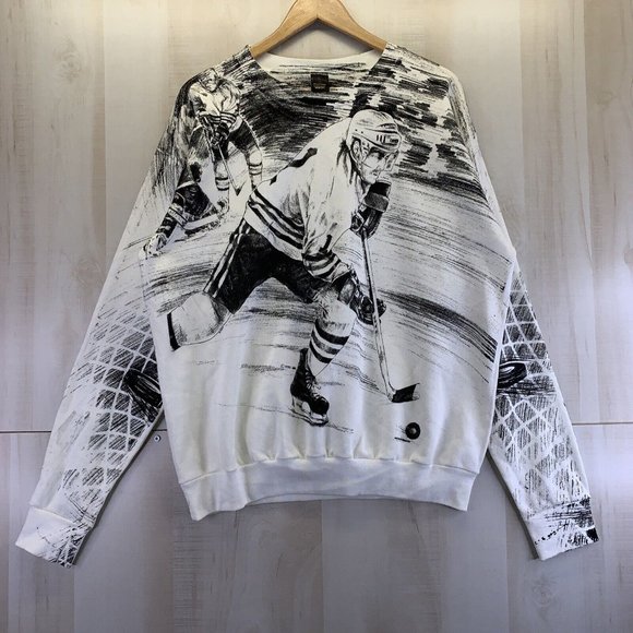 Vintage 1990s Black White Wrap Graphic Hockey Sweatshirt Mens XL Center Star USA - Picture 1 of 11